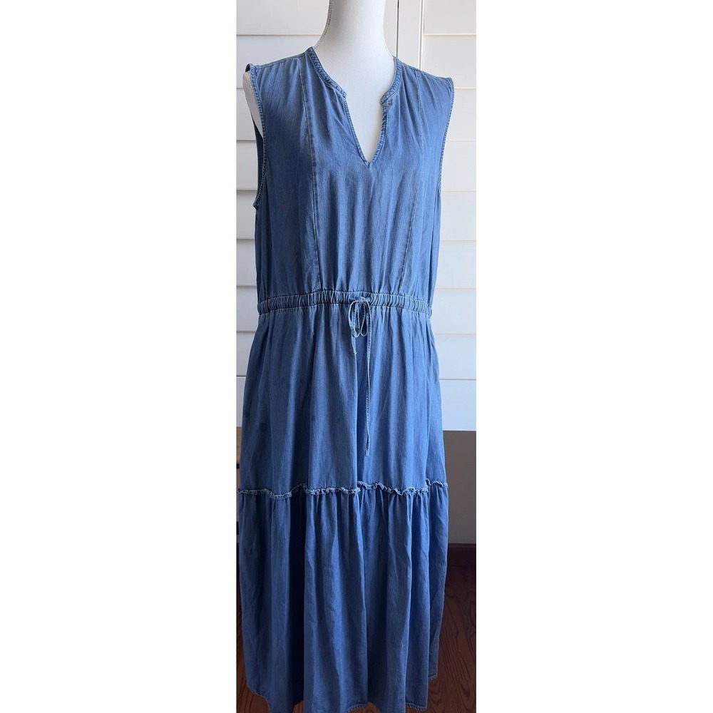 Lands End Denim Chambray Tank Maxi Dress XL Tiered Boho Festival Western Pocket